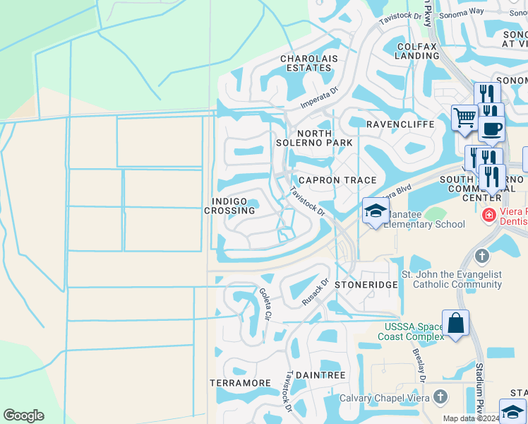 map of restaurants, bars, coffee shops, grocery stores, and more near 3762 Manitoba Way in Rockledge