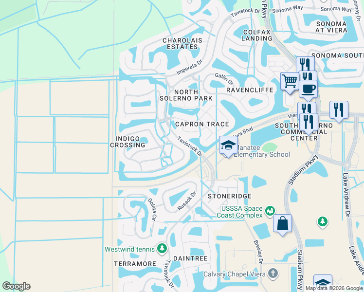 map of restaurants, bars, coffee shops, grocery stores, and more near 5797 Indigo Crossing Drive in Rockledge