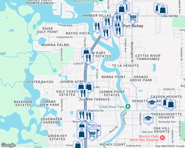 map of restaurants, bars, coffee shops, grocery stores, and more near 5311 Luna Vista Drive in New Port Richey