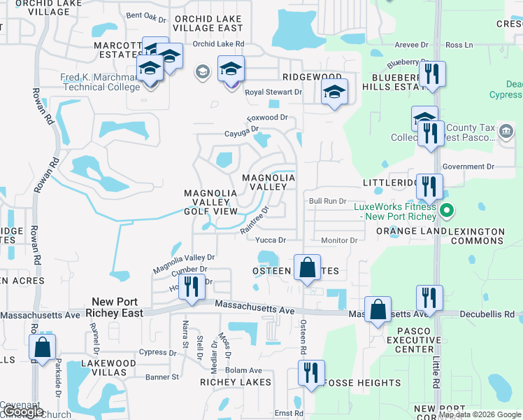 map of restaurants, bars, coffee shops, grocery stores, and more near 7850 Raintree Drive in New Port Richey