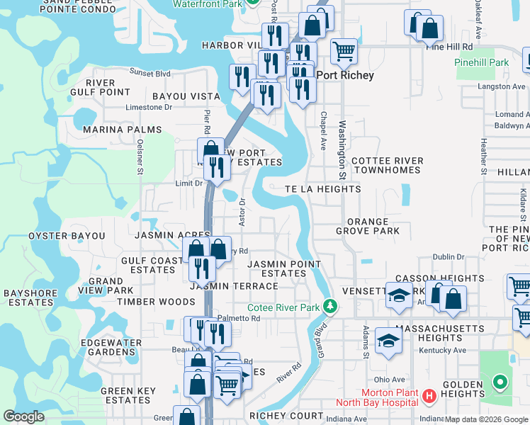 map of restaurants, bars, coffee shops, grocery stores, and more near 5410 Tarry Lane in Port Richey