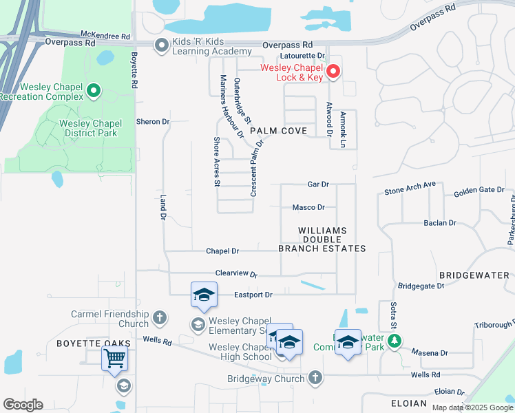 map of restaurants, bars, coffee shops, grocery stores, and more near 7338 Crescent Palm Drive in Wesley Chapel