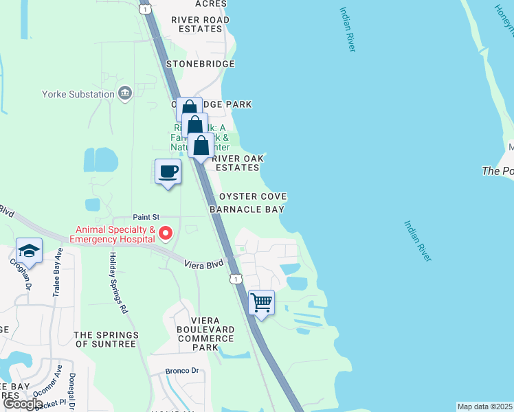 map of restaurants, bars, coffee shops, grocery stores, and more near 114 Barnacle Place in Rockledge