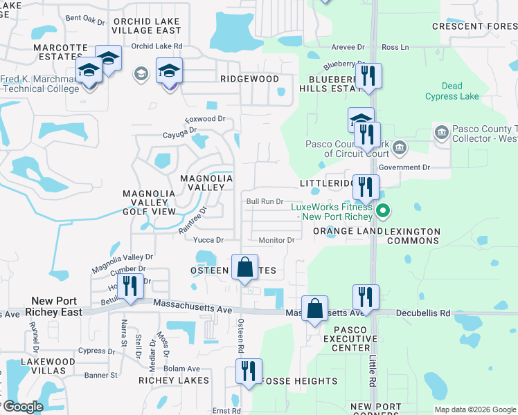 map of restaurants, bars, coffee shops, grocery stores, and more near 8035 Cedar Creek Drive in New Port Richey