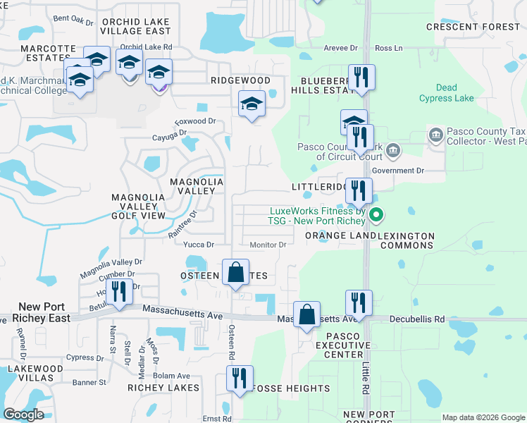 map of restaurants, bars, coffee shops, grocery stores, and more near 8128 Bull Run Drive in New Port Richey