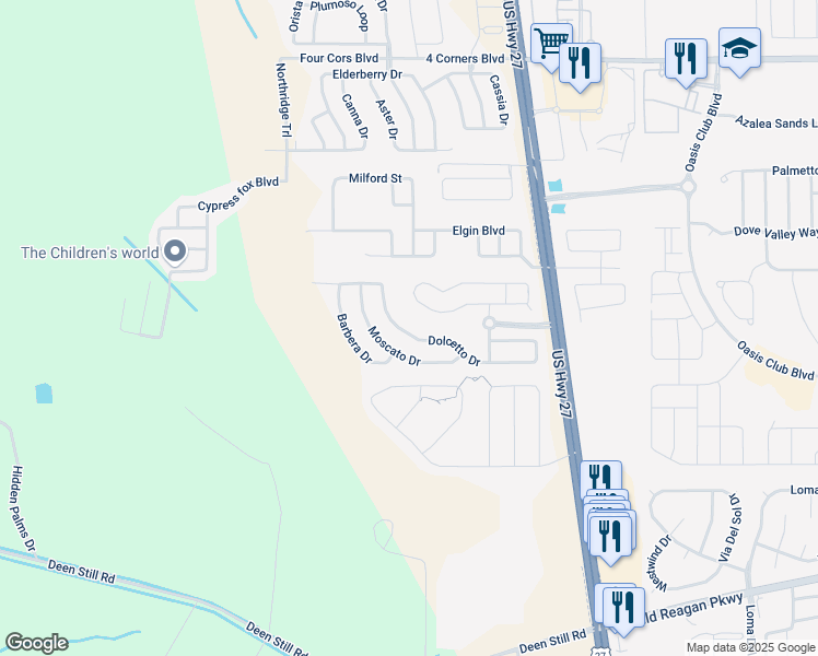 map of restaurants, bars, coffee shops, grocery stores, and more near 625 Dolcetto Drive in Davenport