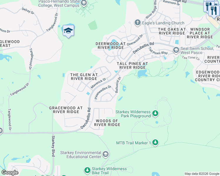 map of restaurants, bars, coffee shops, grocery stores, and more near 10414 Pineneedles Drive in New Port Richey