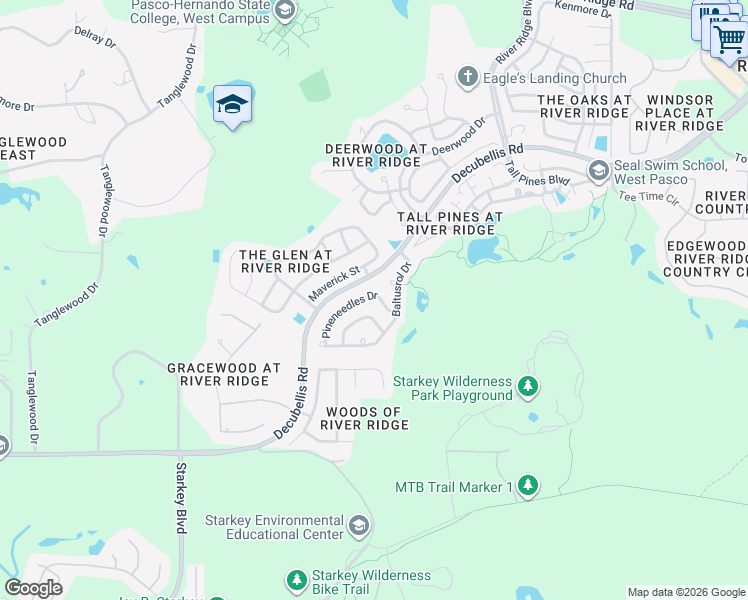 map of restaurants, bars, coffee shops, grocery stores, and more near 10414 Pineneedles Drive in New Port Richey