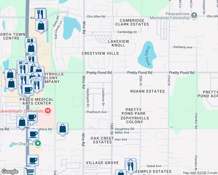 map of restaurants, bars, coffee shops, grocery stores, and more near 7330 Lehigh Court in Zephyrhills