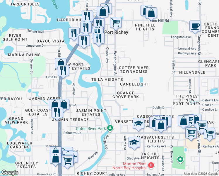map of restaurants, bars, coffee shops, grocery stores, and more near 5648 Kenwood Avenue in New Port Richey