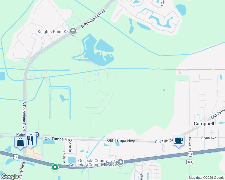 map of restaurants, bars, coffee shops, grocery stores, and more near South Rail Avenue in Kissimmee