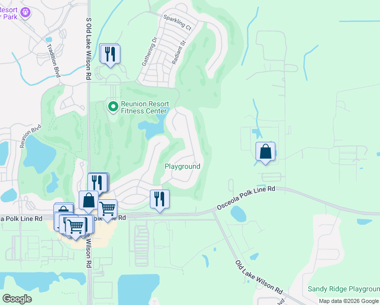 map of restaurants, bars, coffee shops, grocery stores, and more near 7583 Excitement Drive in Kissimmee
