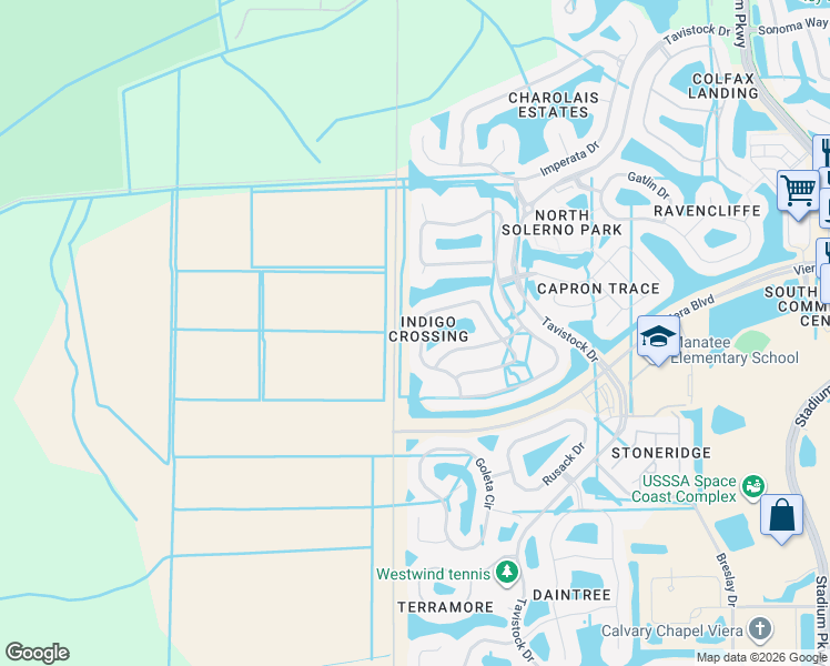 map of restaurants, bars, coffee shops, grocery stores, and more near 5399 Duskywing Drive in Rockledge
