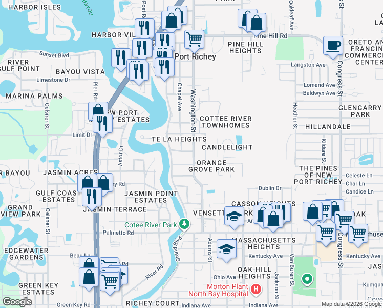 map of restaurants, bars, coffee shops, grocery stores, and more near 5648 Kenwood Avenue in New Port Richey