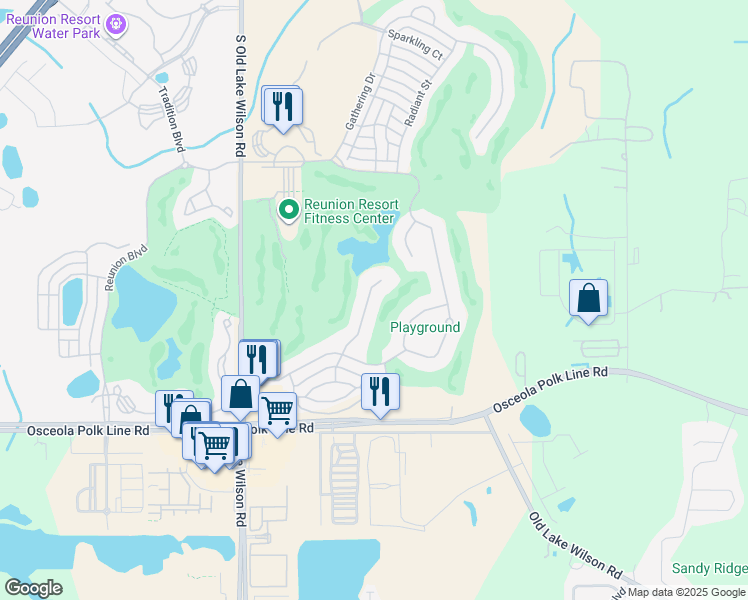 map of restaurants, bars, coffee shops, grocery stores, and more near 1543 Corolla Court in Osceola County