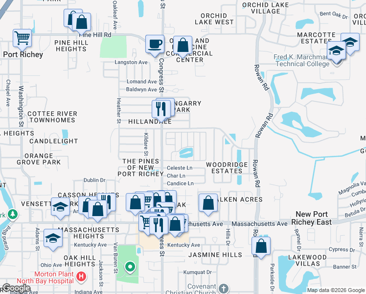 map of restaurants, bars, coffee shops, grocery stores, and more near 7406 Gimbal Lane in New Port Richey
