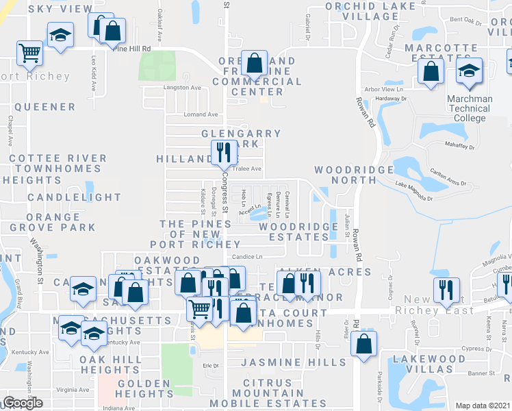 map of restaurants, bars, coffee shops, grocery stores, and more near 7406 Gimbal Lane in New Port Richey