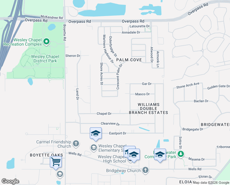 map of restaurants, bars, coffee shops, grocery stores, and more near 7338 Crescent Palm Drive in Wesley Chapel