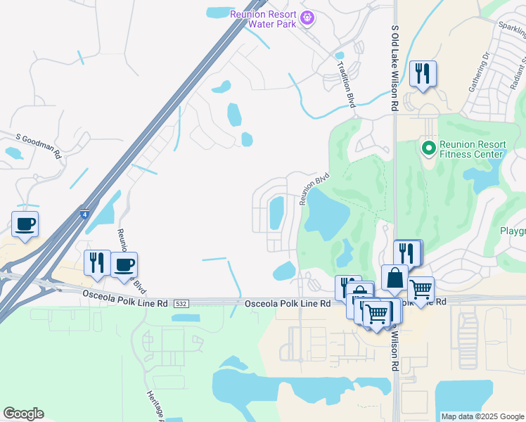 map of restaurants, bars, coffee shops, grocery stores, and more near 7758 Linkside Loop in Four Corners