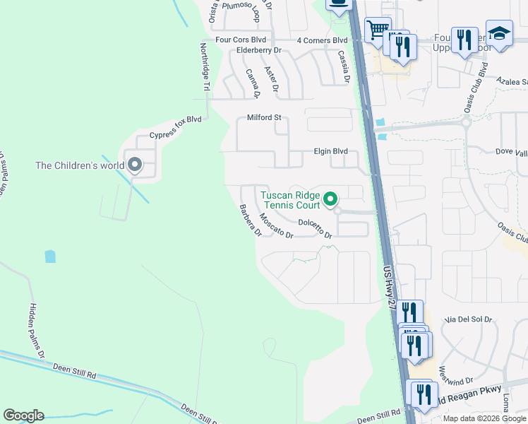 map of restaurants, bars, coffee shops, grocery stores, and more near 356 Moscato Drive in Davenport