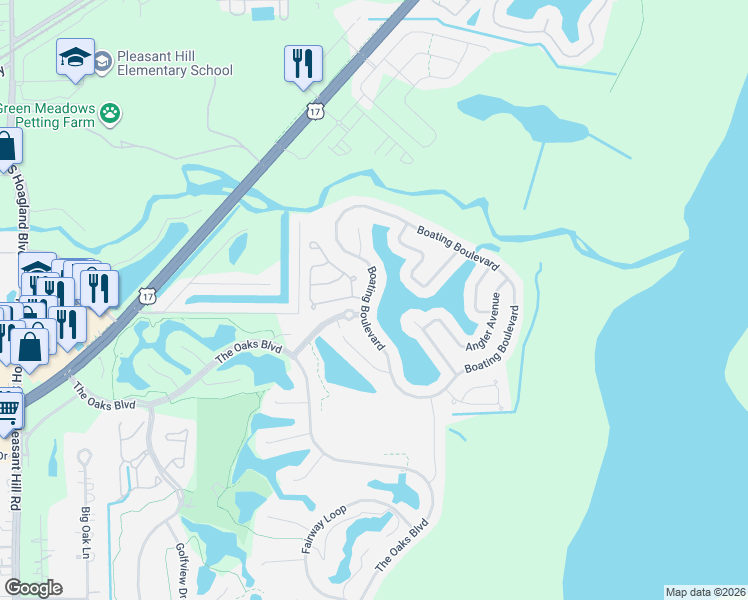 map of restaurants, bars, coffee shops, grocery stores, and more near 2801 Boating Boulevard in Kissimmee