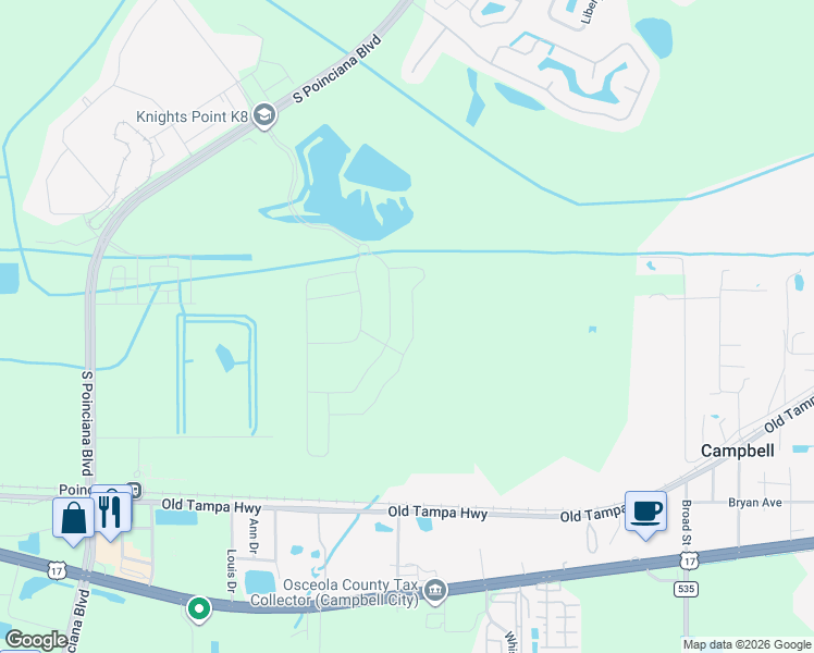 map of restaurants, bars, coffee shops, grocery stores, and more near South Rail Avenue in Kissimmee