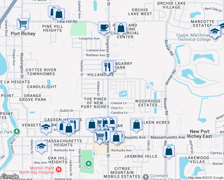 map of restaurants, bars, coffee shops, grocery stores, and more near 6512 Ketch Lane in New Port Richey