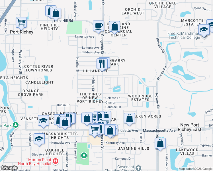 map of restaurants, bars, coffee shops, grocery stores, and more near 6512 Ketch Lane in New Port Richey