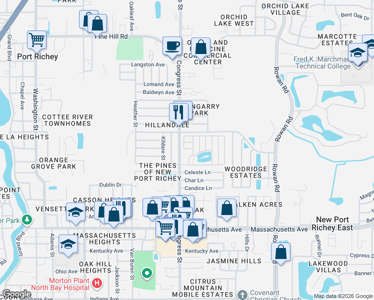 map of restaurants, bars, coffee shops, grocery stores, and more near 6512 Ketch Lane in New Port Richey