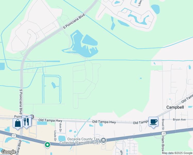 map of restaurants, bars, coffee shops, grocery stores, and more near South Rail Avenue in Kissimmee