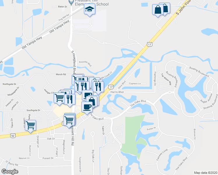 map of restaurants, bars, coffee shops, grocery stores, and more near 2699 South John Young Parkway in Kissimmee