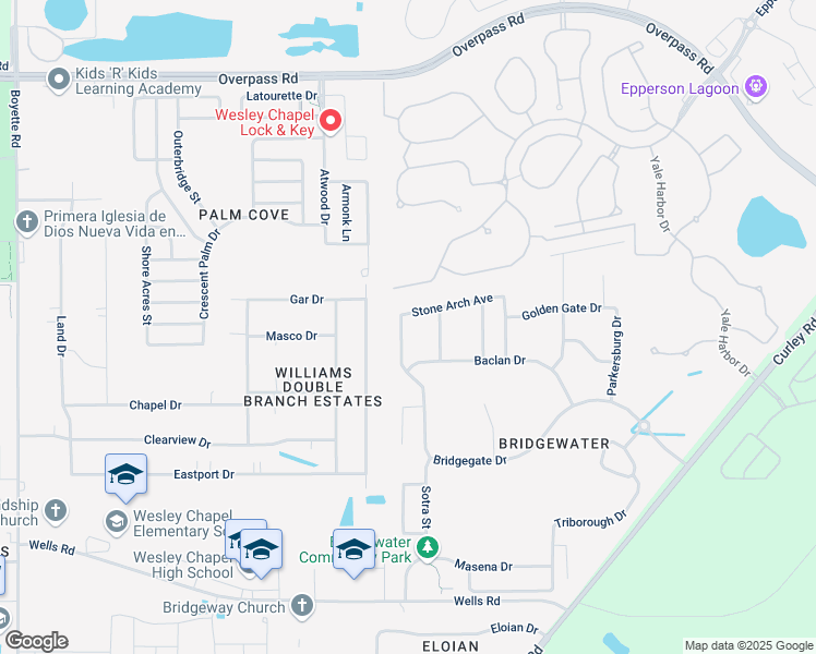 map of restaurants, bars, coffee shops, grocery stores, and more near 7342 Newhall Pass Lane in Wesley Chapel