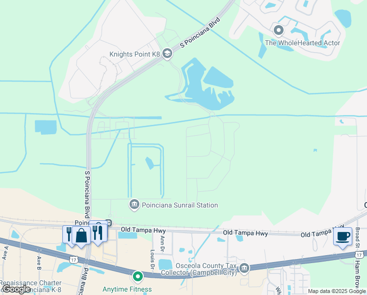 map of restaurants, bars, coffee shops, grocery stores, and more near 1401 South Poinciana Boulevard in Kissimmee