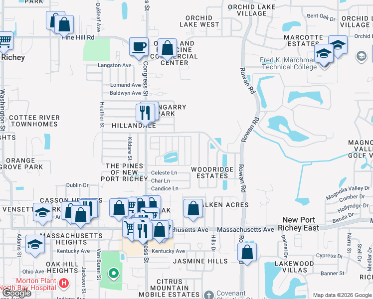 map of restaurants, bars, coffee shops, grocery stores, and more near 7403 Demure Lane in New Port Richey