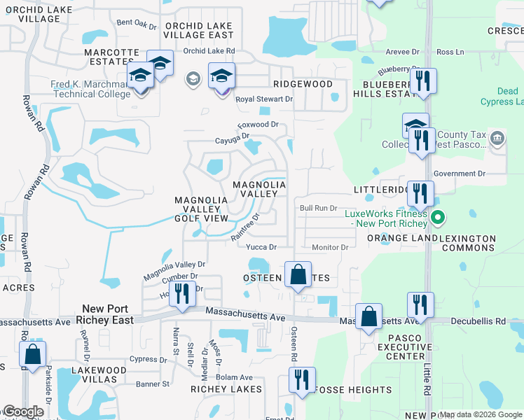 map of restaurants, bars, coffee shops, grocery stores, and more near 7850 Raintree Drive in New Port Richey