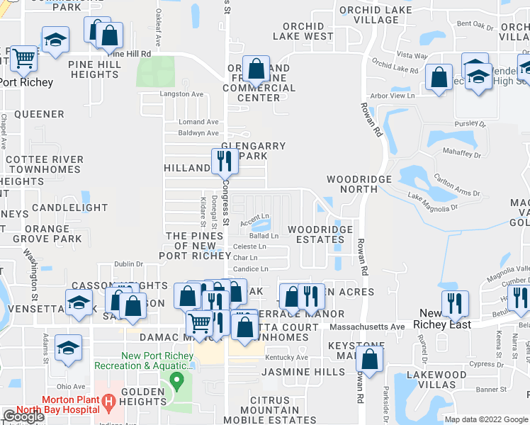 map of restaurants, bars, coffee shops, grocery stores, and more near 7406 Gimbal Lane in New Port Richey