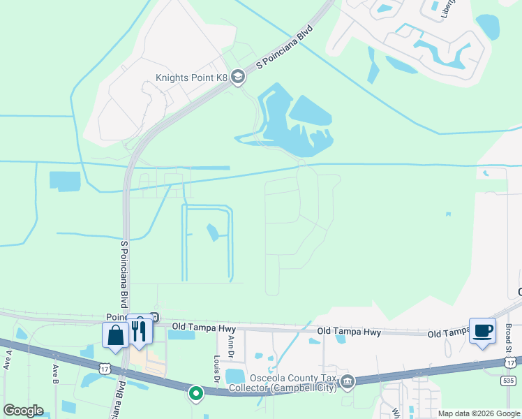 map of restaurants, bars, coffee shops, grocery stores, and more near 1401 South Poinciana Boulevard in Kissimmee
