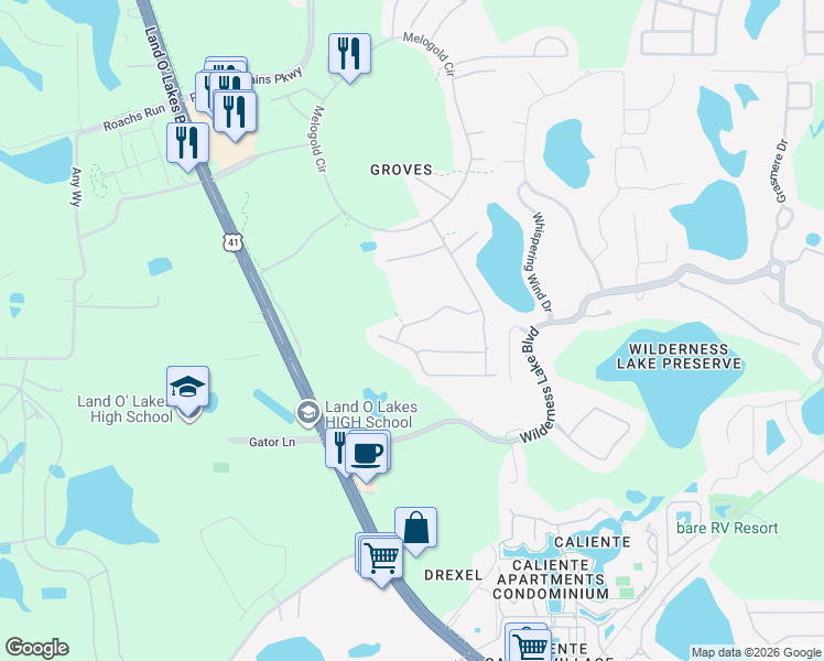 map of restaurants, bars, coffee shops, grocery stores, and more near 20750 Eustis Road in Land O' Lakes