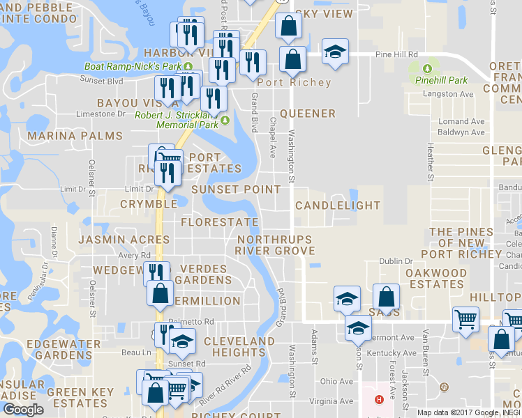 map of restaurants, bars, coffee shops, grocery stores, and more near 7400 Grand Boulevard in New Port Richey
