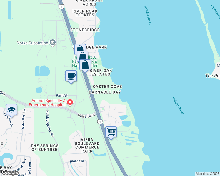 map of restaurants, bars, coffee shops, grocery stores, and more near 114 Barnacle Place in Rockledge