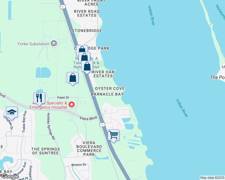 map of restaurants, bars, coffee shops, grocery stores, and more near 114 Barnacle Place in Rockledge