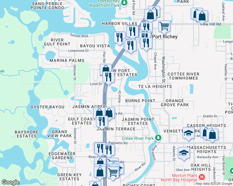 map of restaurants, bars, coffee shops, grocery stores, and more near 5311 Luna Vista Drive in New Port Richey