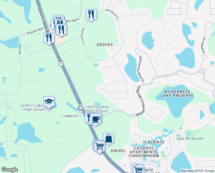 map of restaurants, bars, coffee shops, grocery stores, and more near 20817 Jaffa Lane in Land O' Lakes