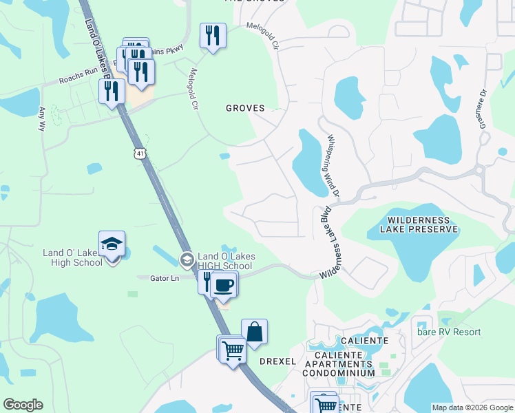 map of restaurants, bars, coffee shops, grocery stores, and more near 20817 Jaffa Lane in Land O' Lakes