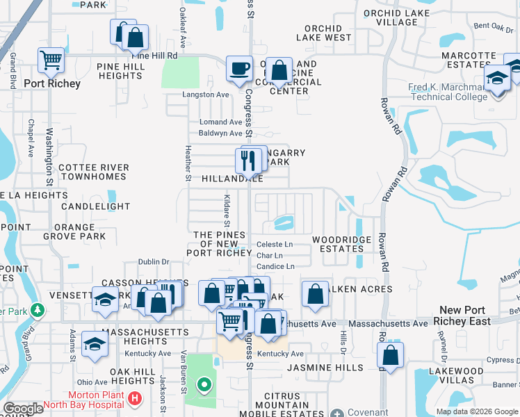 map of restaurants, bars, coffee shops, grocery stores, and more near 6512 Ketch Lane in New Port Richey
