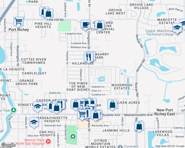 map of restaurants, bars, coffee shops, grocery stores, and more near 6512 Ketch Lane in New Port Richey