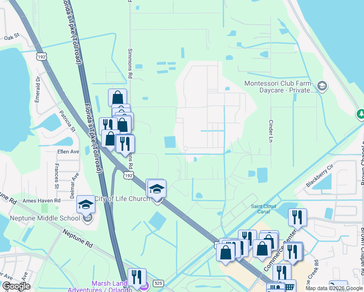 map of restaurants, bars, coffee shops, grocery stores, and more near 2931 Big Sky Boulevard in Kissimmee