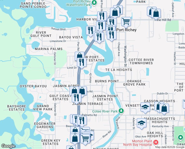 map of restaurants, bars, coffee shops, grocery stores, and more near 5410 Tarry Lane in Port Richey