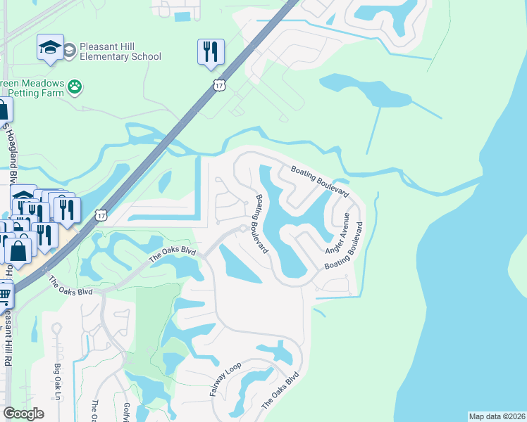 map of restaurants, bars, coffee shops, grocery stores, and more near 2801 Boating Boulevard in Kissimmee