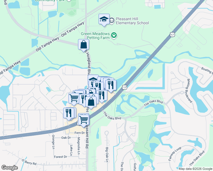 map of restaurants, bars, coffee shops, grocery stores, and more near 3223 South John Young Parkway in Kissimmee